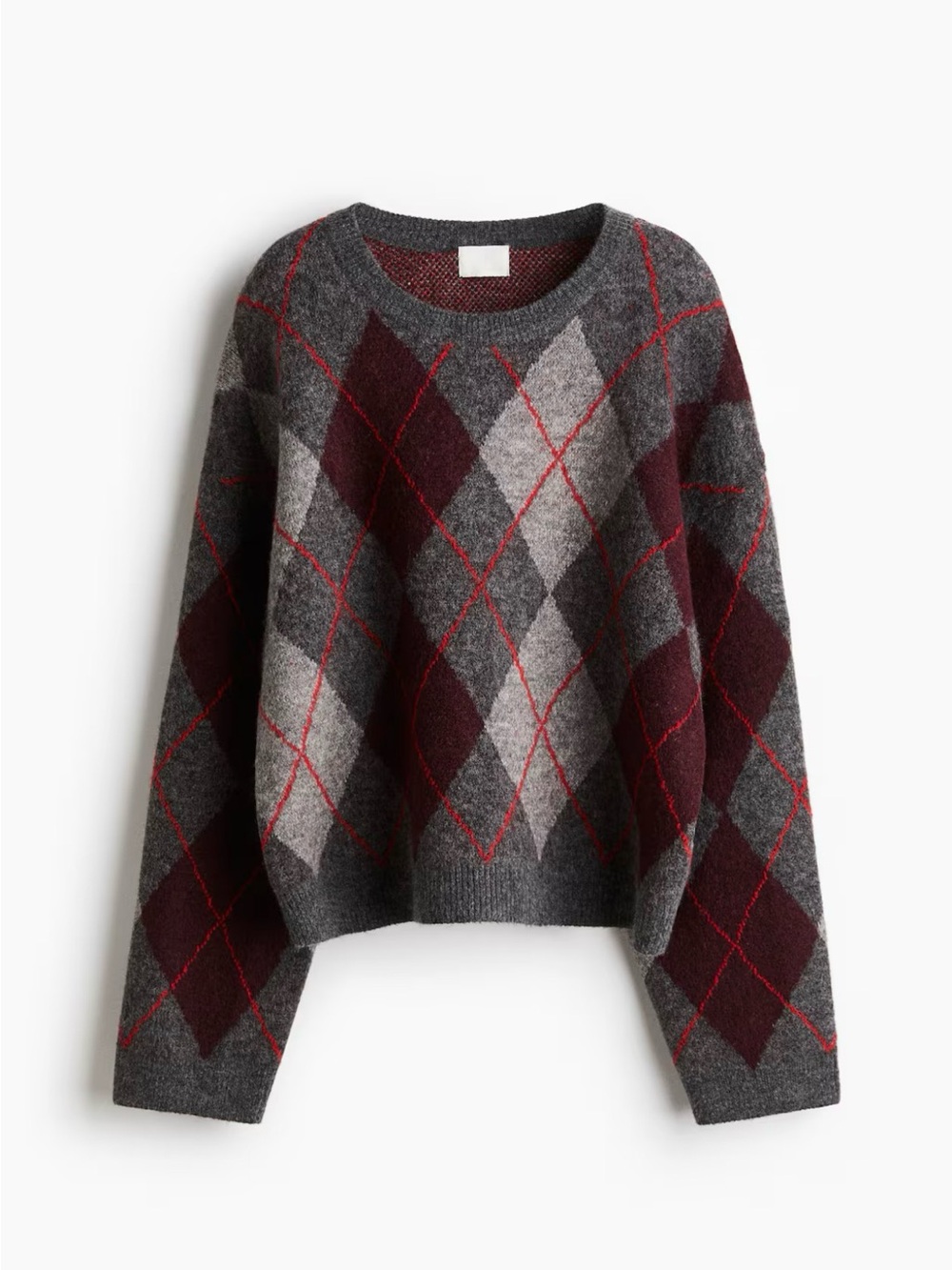H&M Gray and Burgundy Argyle Crew Sweater